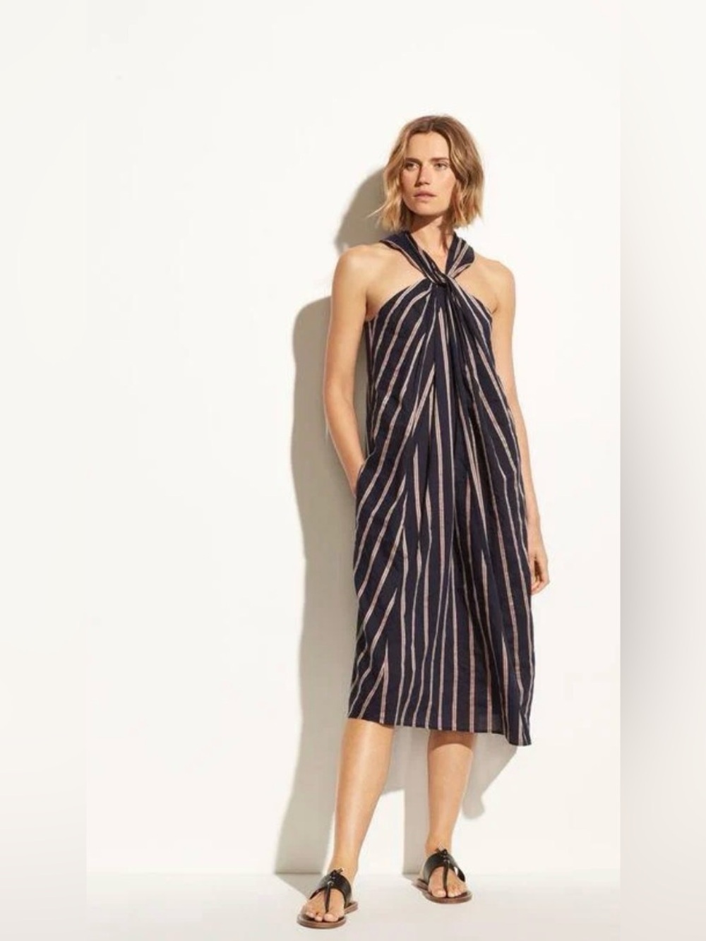 Vince Textured Striped Twist Front Halter Dress L